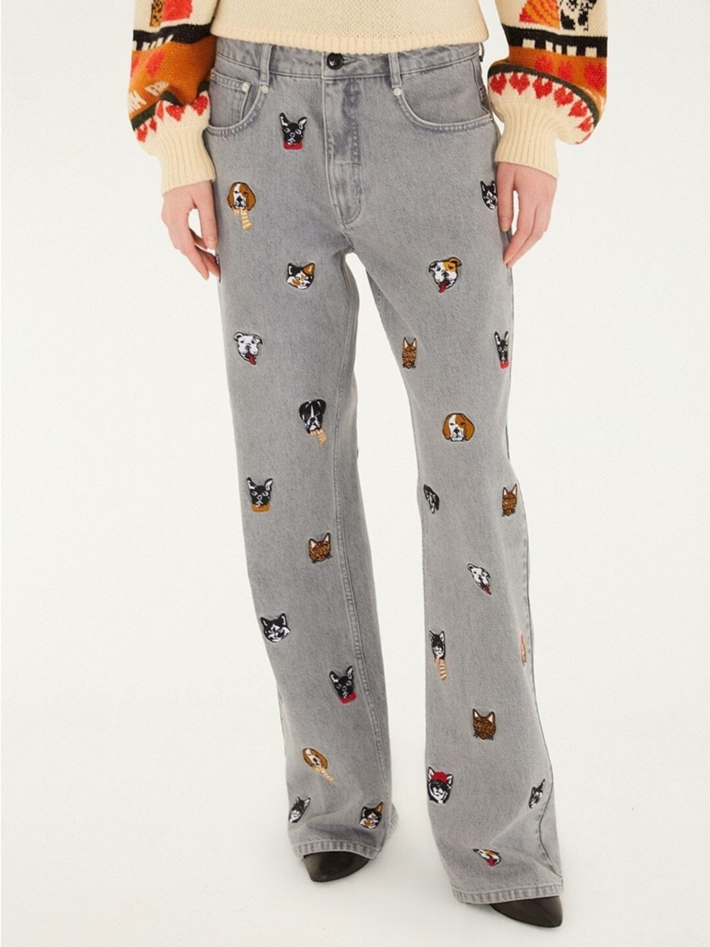 Farm Rio: Multicolor Cats And Dogs Embroidery Denim Pants - Picture 5 of 15